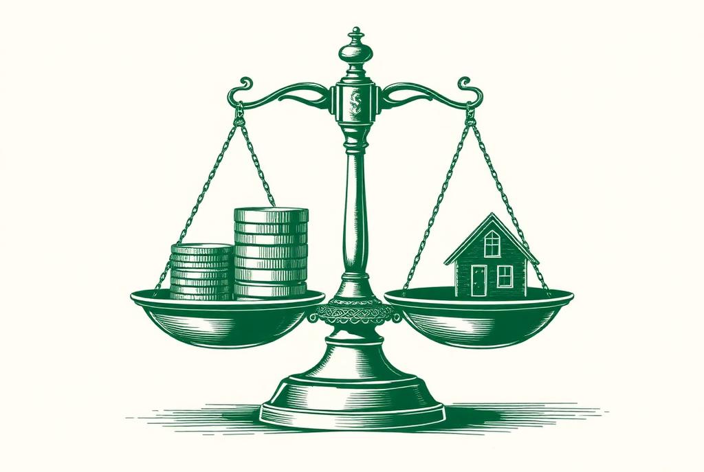 Capacidad de endeudamiento: balanza equilibrando monedas y un recibo de nómina, ilustración grabada
