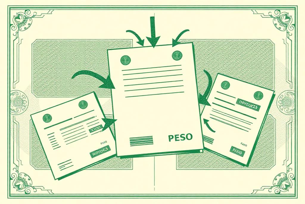 Compra de cartera en Colombia: varias deudas convergiendo en un solo pagaré sobre una balanza, ilustración grabada