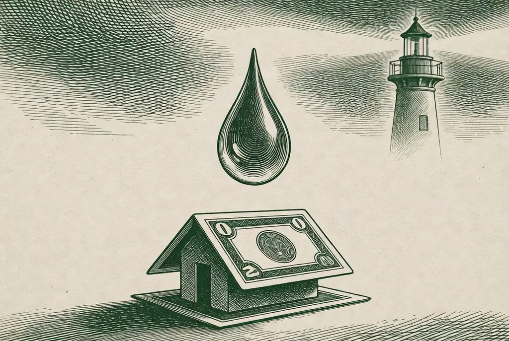 Riesgos del gota a gota: una gota a punto de caer sobre una casa de naipes hecha de billetes, con un faro que orienta al fondo