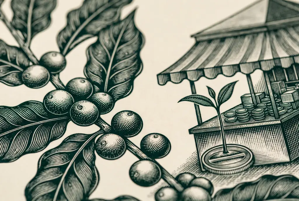 Microcréditos en Colombia: rama de café con cerezas junto a un puesto de mercado próspero, ilustración grabada