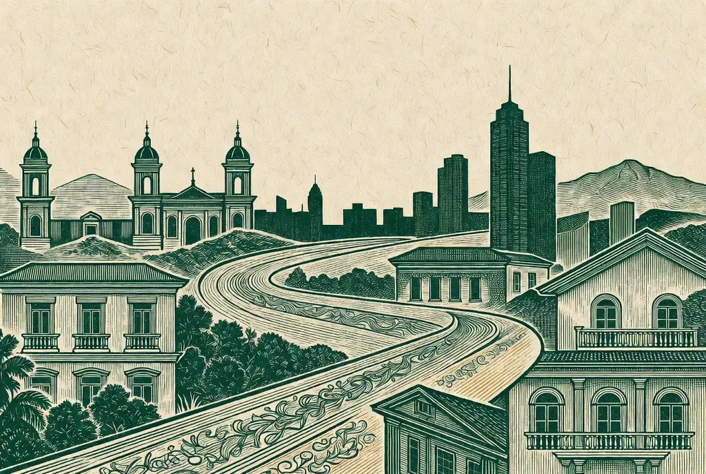 Préstamos en línea en las principales ciudades de Colombia: horizonte grabado con arquitectura colonial y moderna