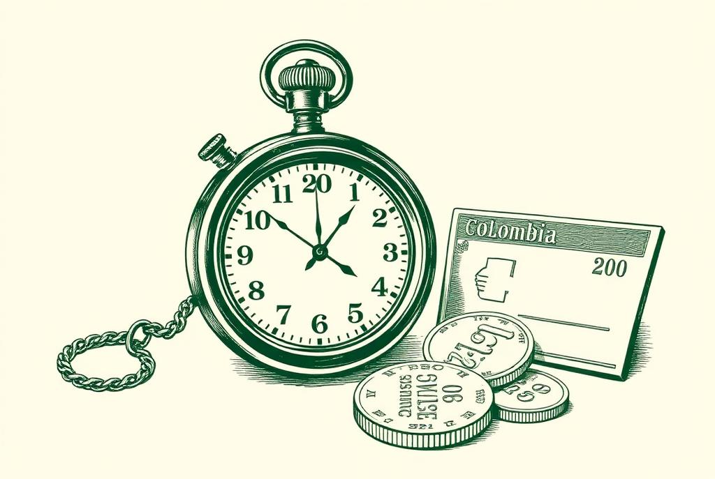 Préstamos en 20 minutos en Colombia: reloj de arena junto a un teléfono y monedas, ilustración grabada