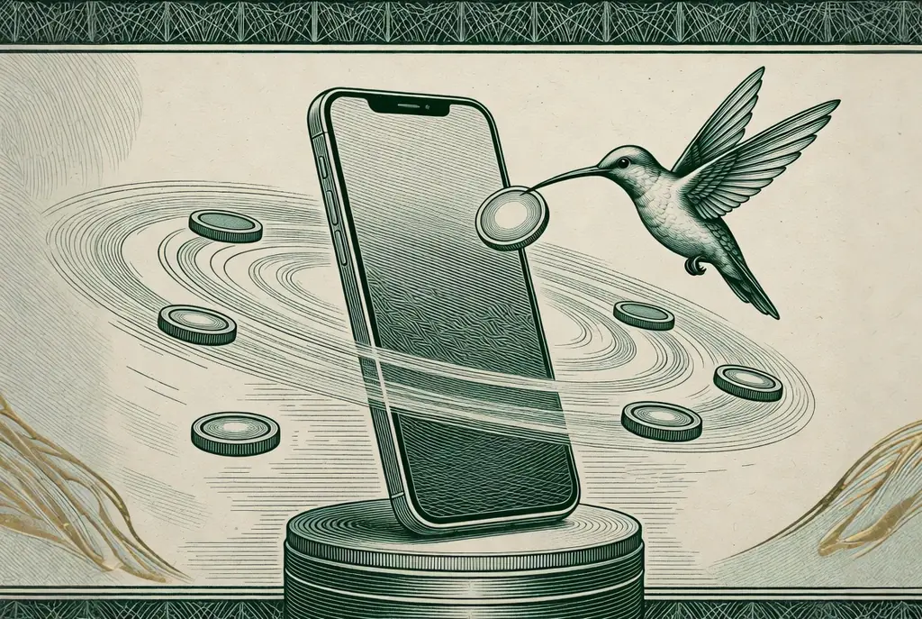 Préstamos en línea en Colombia: teléfono rodeado de monedas y un colibrí, ilustración estilo grabado de billete