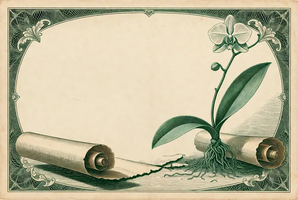 Préstamos sin consultar DataCrédito: pergamino con sello roto y una orquídea que renace, ilustración grabada