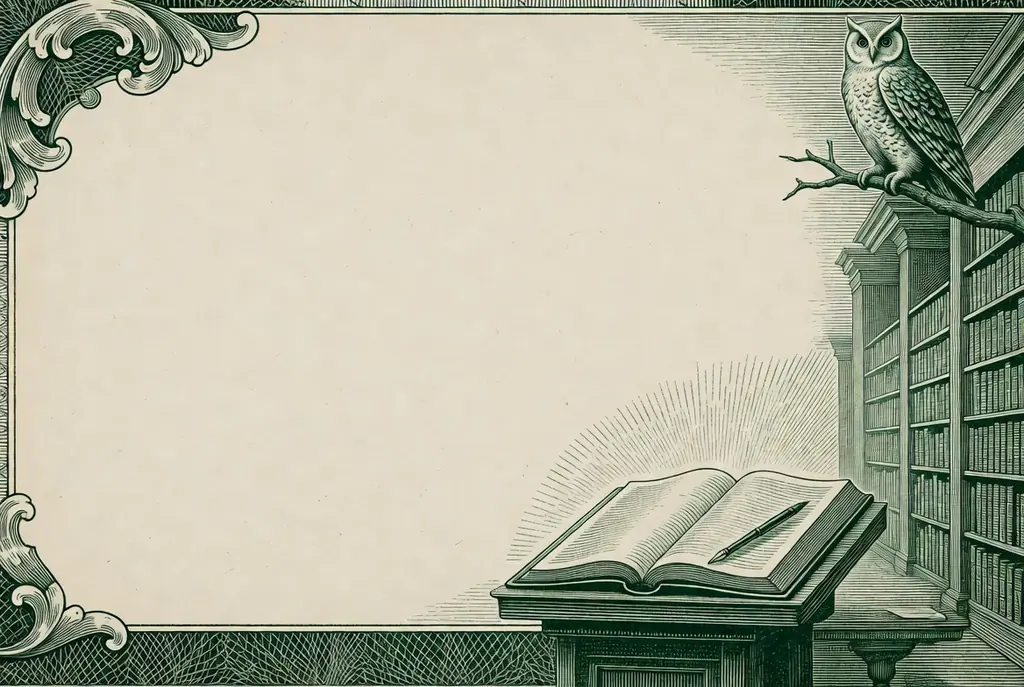 Qué es DataCrédito en Colombia: sala de archivo con libros de registro, un libro abierto y un búho, ilustración grabada