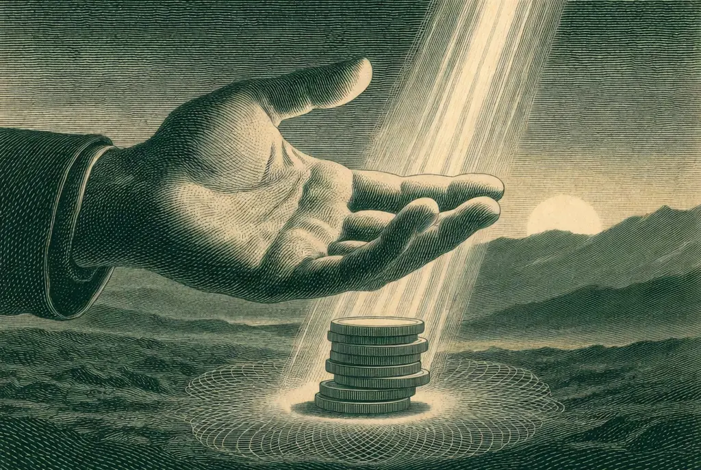 Salario mínimo 2026 en Colombia: mano abierta recibiendo monedas bajo un amanecer en los Andes, ilustración grabada