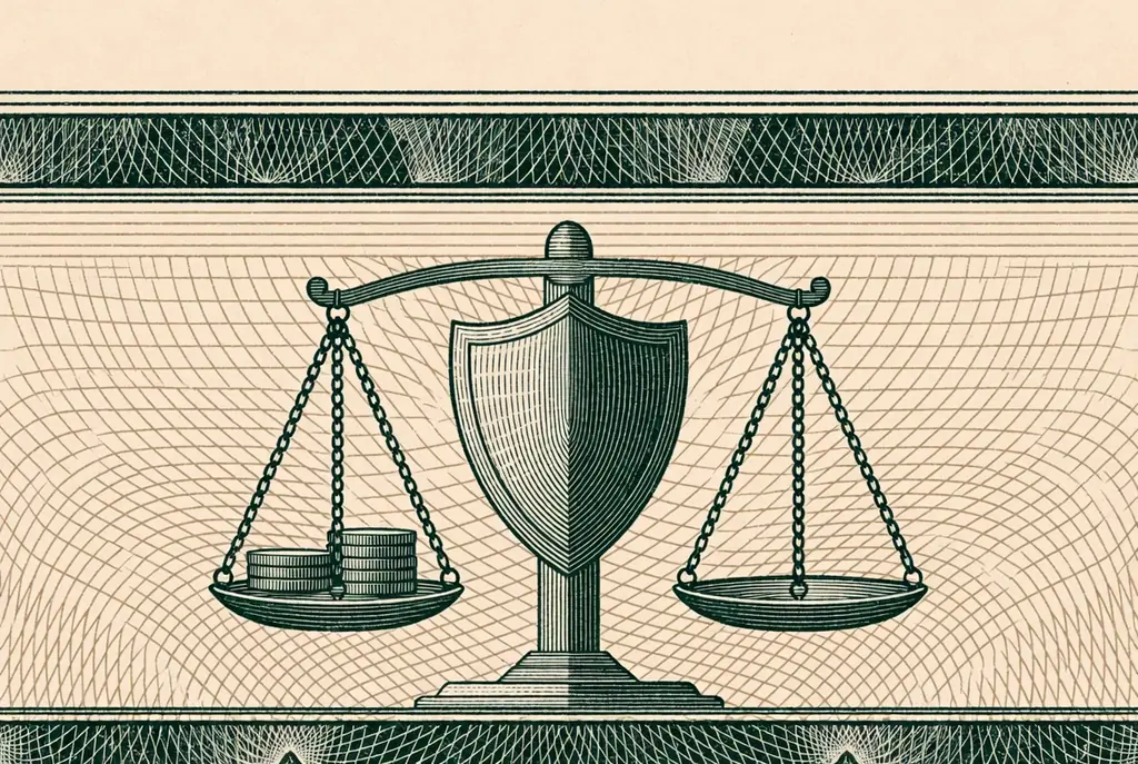 Tasa de usura en Colombia: balanza en equilibrio con monedas y un escudo bajo un límite ornamental, ilustración grabada
